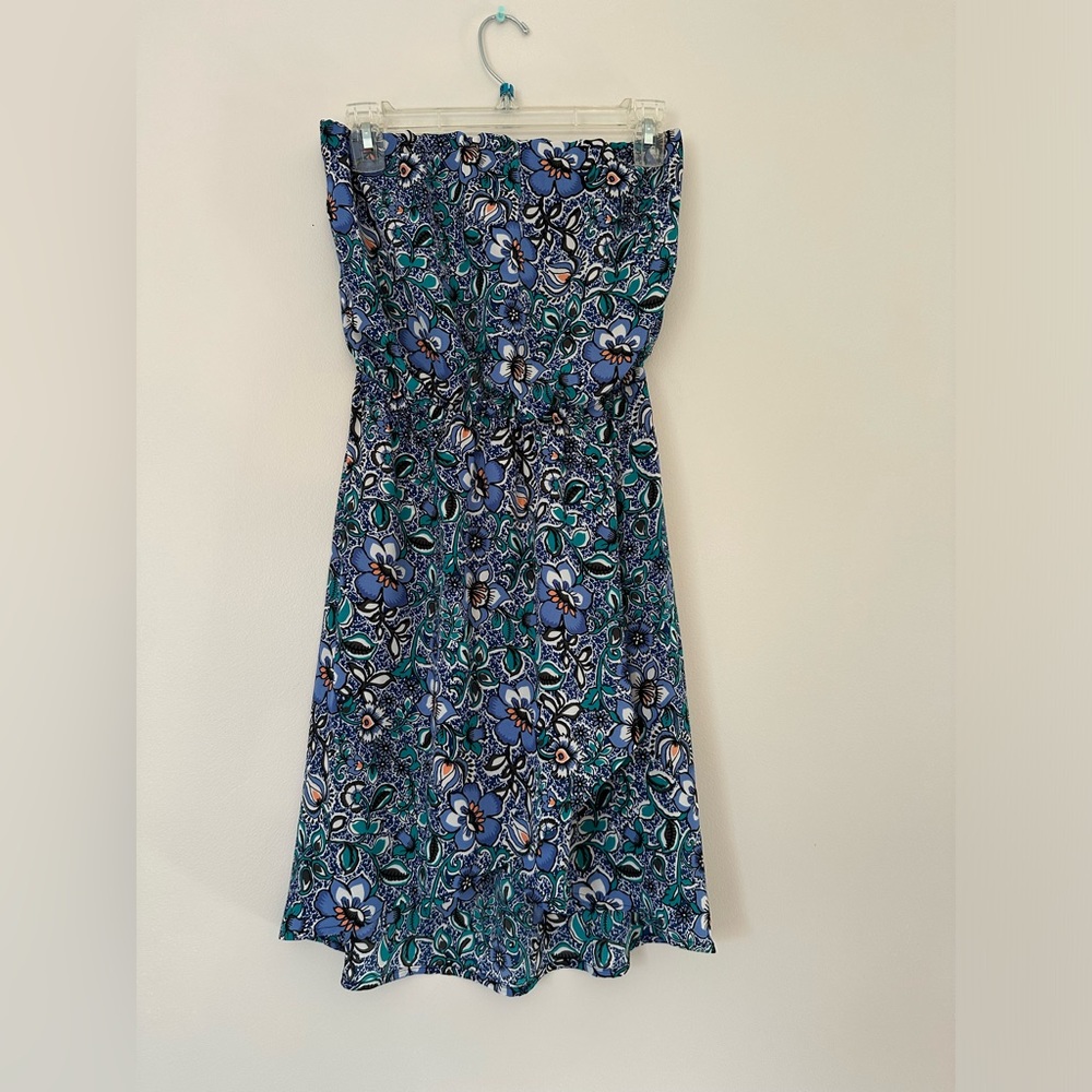 Express XS Strapless High-Low Flowy Mini Dress with Elastic Waist